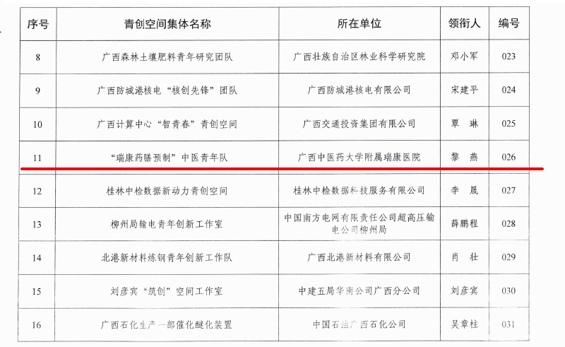 喜讯：我院“瑞康药膳预制”中医青年队被认定为第二批广西青创空间建设集体