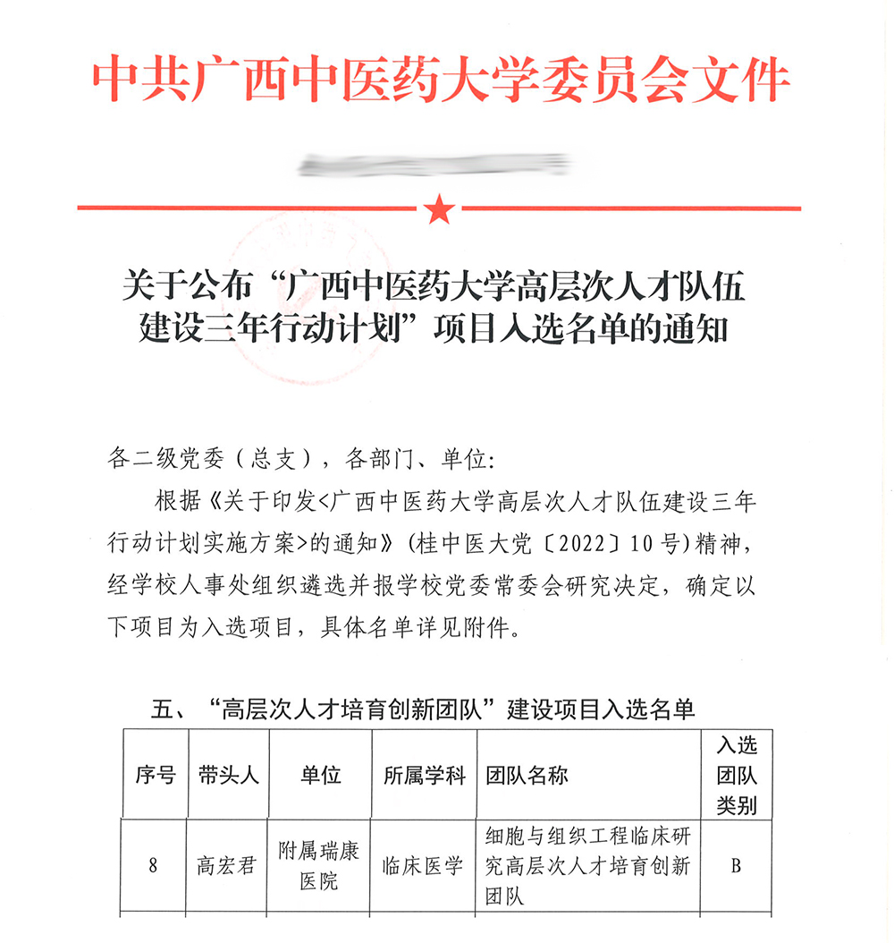 我中心细胞与组织工程临床研究高层次人才培育创新团队入选广西中医药大学“高层次人才培育创新团队”建设项目