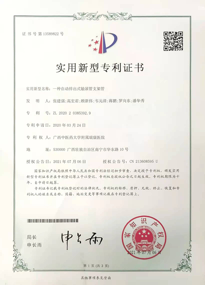 实用新型专利：一种自动排出式输尿管支架管