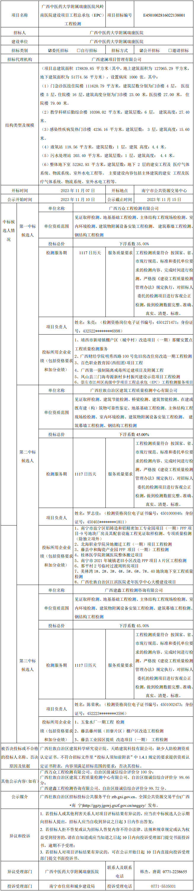 广西中医药大学附属瑞康医院凤岭南医院建设项目工程总承包（EPC）工程检测中标候选人公示